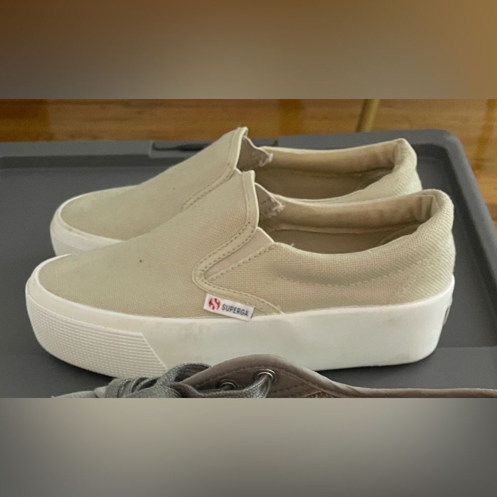 Superga Slip-On Platform Sneakers in Beige and White